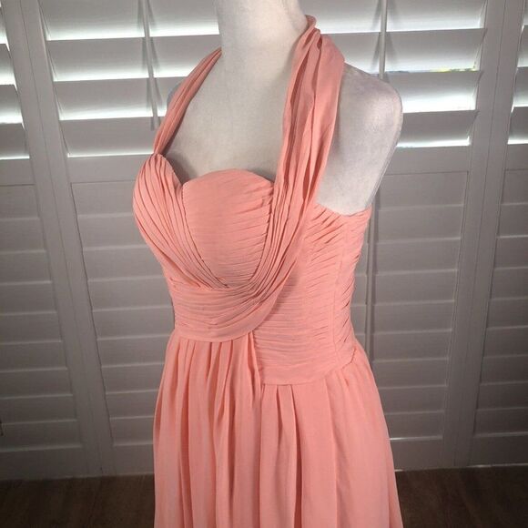 Peach Chiffon Cocktail Dress 6 Bridesmaid Homecoming Pleated Bodice Halter - Picture 7 of 11